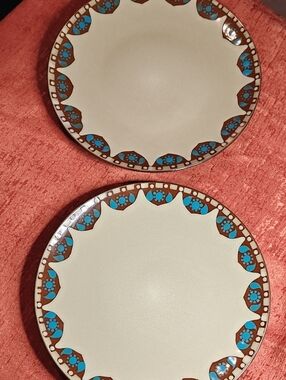 Cream Dinner Plates with Turquoise and Brown Floral Border